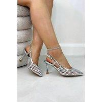 Love Lemonade Women's Crystal Siren Slingback Court Heels in Silver | Size: 4