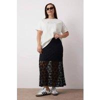 WOVCOR Women's Lace Textured Midi Skirt with Sheer Panel Detail in Black | Size: 3XL