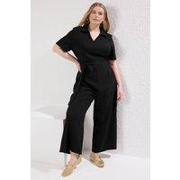 WOVCOR Women's Tie Waist Wide Leg Jumpsuit with Collared Neck Detail in Black | Size: 18