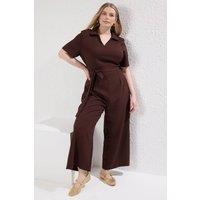 WOVCOR Women's Tie Waist Wide Leg Jumpsuit with Collared Neck Detail in Brown | Size: 14