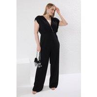 WOVCOR Women's Plunge Neck Wide Leg Jumpsuit with Draped Sleeve Detail in Black | Size: 3XL