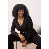 WOVCOR Women's Lace Trim V Neck Long Sleeve Bodysuit in Black | Size: XL