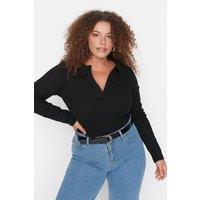 WOVCOR Women's Ribbed Collared Long Sleeve Fitted Bodysuit in Black | Size: XL