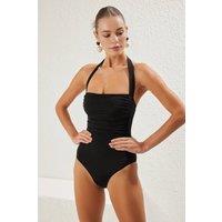 WOVCOR Women's Halterneck Ruched Detail Fitted Swimsuit in Black | Size: 8