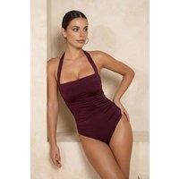 WOVCOR Women's Halterneck Ruched Detail Fitted Swimsuit in Plum | Size: 6