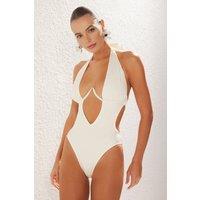WOVCOR Women's Plunge Halterneck Cut Out Detail Swimsuit in White | Size: 8