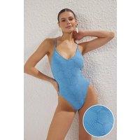 WOVCOR Women's Textured V Neck Strappy Swimsuit in Blue | Size: 8