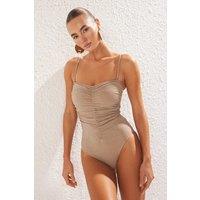 WOVCOR Women's Ruched Sweetheart Neck Strappy Swimsuit in Taupe | Size: 8