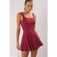 WOVCOR Women's Square Neck Mini Swimsuit Dress with Flared Skirt Detail in Burgundy | Size: 8