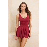 WOVCOR Women's Scoop Neck Skater Style Swimsuit Dress with Waist Detail in Burgundy | Size: 6