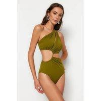 WOVCOR Women's One Shoulder Cut Out Detail Swimsuit in Khaki | Size: 6
