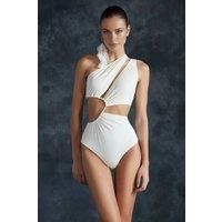 WOVCOR Women's One Shoulder Cut Out Detail Swimsuit in White | Size: 10