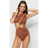 WOVCOR Women's One Shoulder Cut Out Detail Swimsuit in Brown | Size: 10