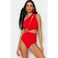 WOVCOR Women's One Shoulder Cut Out Detail Swimsuit in Red | Size: 8