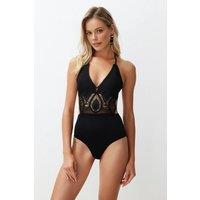 WOVCOR Women's Halterneck Lace Detail Plunge Swimsuit in Black | Size: 8