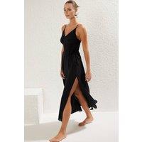 WOVCOR Women's Strappy V Neck Ruched Split Maxi Beach Dress in Black | Size: 10