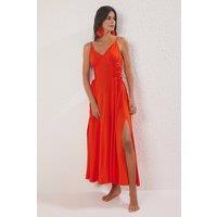 WOVCOR Women's Strappy V Neck Ruched Split Maxi Beach Dress in Red | Size: 10