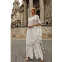 CY Women's Pleated Wide-Leg Trousers with Adjustable Draped Top Set in White