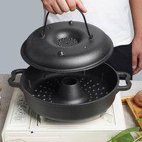 Living and Home Seasoned Cast Iron Chicken Roaster Pot Baked Potato Dutch Oven Cookware with Lid 28cm in Black