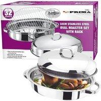 BARGAINS-GALORE 32cm Stainless Steel Roasting Tray Pan Lid Handle Oval Kitchen Cooking in Metallic Silver