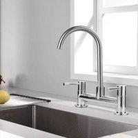 Ventryn Modern Dual Lever Chrome Kitchen Sink Mixer Tap 2 Hole Deck Mounted in Silver