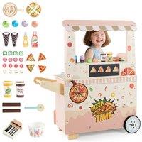 CASART Kids Wooden Pizza Food Cart Pretend Snack Cart Playset w/ POS Machine in Pink