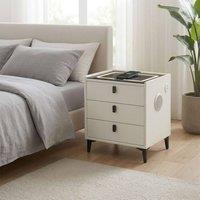 MN Furniture Bedside Table with LED, Wireless Charging, Bluetooth & 3 Drawers in White