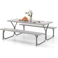 Costway Picnic Table Bench Set 8 Person Outdoor Camping Table & 2 Benches in Grey