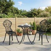 Nordara black 3x Cast Aluminium Garden Bistro Set Table Chairs Umbrella Hole