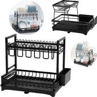 Havendro 2 Tier Dish Drainer Rack with Drip Tray Cutlery Holder in Black