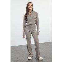 WOVCOR Women's Half Zip Knit Top & Pants Two Piece Set in Taupe | Size: Medium