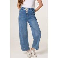 Dexia Women's Seam Detail Elasticed Waist Stretch Wide Leg Light Denim Trousers in Light Blue | Size: Large