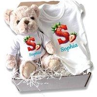 Aye Do Gifts Personalised Strawberry Initial & Name Baby Gift Hamper - Teddy & Vest in White | Size: 0-3 m