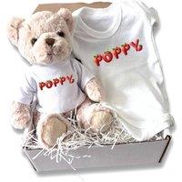 Aye Do Gifts Personalised Strawberry Name Baby Gift Hamper - Teddy & Baby Vest in White | Size: 6-12 m