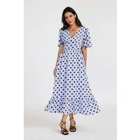 FS Collection Women's Polka Dot V-Neck Angel Sleeve Midi Dress in Blue | Size: XL