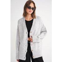 MixRay Women's Buttoned V-Neck Ribbed Knit Cardigan in Grey