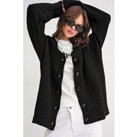 MixRay Women's Buttoned V-Neck Ribbed Knit Cardigan in Black