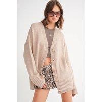 MixRay Women's Buttoned V-Neck Ribbed Knit Cardigan in Beige