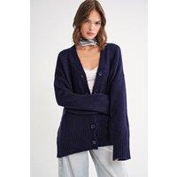 MixRay Women's Buttoned V-Neck Ribbed Knit Cardigan in Navy