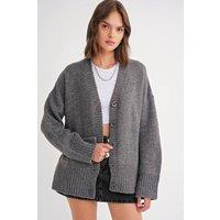 MixRay Women's Buttoned V-Neck Ribbed Knit Cardigan in Dark Grey
