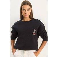 Bianco Lucci Women's Embroidered Crew Neck Sweatshirt in Black | Size: Medium