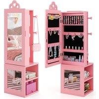 CASART Kids Jewelry Cabinet w/ Full-Length Mirror Children Jewelry Organizer in Pink
