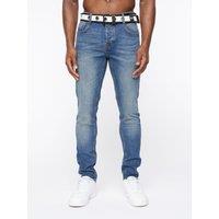 Crosshatch Barbeck Men's Slim-Fit Stretch Denim Jeans with Branded Belt in Mid Blue | Size: 38L