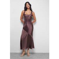 Warehouse Women's Satin Scoop Neck Bias Midi Slip Dress in Chocolate | Size: 10