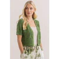 Klass. Women's Short Sleeve Cropped Pointelle Cotton Cardigan in Khaki | Size: Small