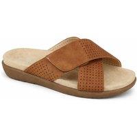 Down To Earth Women's Perforated Cross Strap Slider Sandal with Cushioned Footbed in Tan | Size: 4