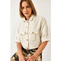 Bianco Lucci Women's Cropped Plush Buttoned Jacket with Shirt Collar in White | Size: Small