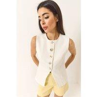 Bianco Lucci Women's Fitted Sleeveless Button-Front Waistcoat with Crew Neck in White | Size: Small