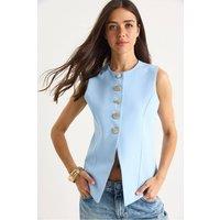 Bianco Lucci Women's Fitted Sleeveless Button-Front Waistcoat with Crew Neck in Baby Blue | Size: Medium