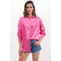 Big Dart Women's Oversized Satin Button-Front Shirt in Bright Pink | Size: Small